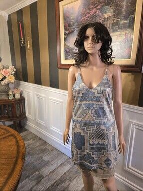 Desigual Blue and Cream Geometric Slip Dress Y2k